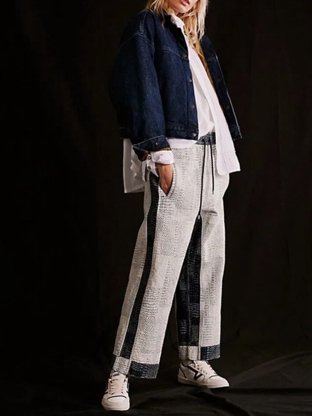 We The Free Blue Patchwork Wide-Leg Pants with White Side Stripe - Picture 3 of 7